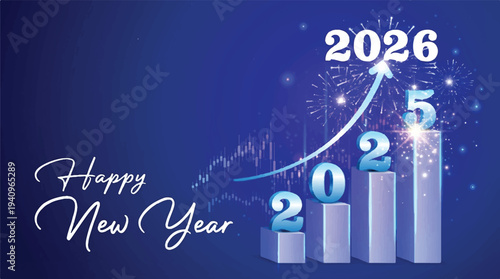 A vibrant blue background with a series of vertical bars representing years from 2020 to 2026. 