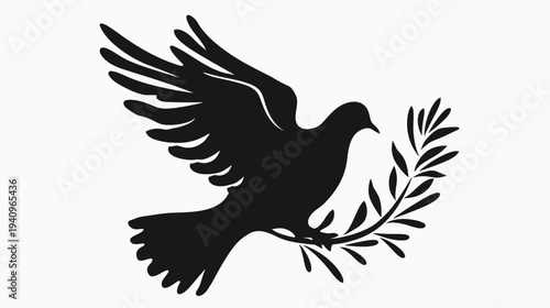 Silhouette of a flying dove with olive branch on white background