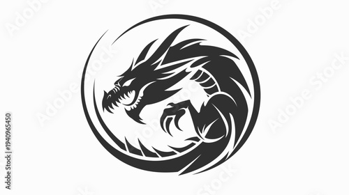 Stylized dragon illustration inside a circle for graphic design and branding