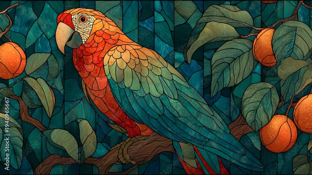 Fototapeta premium Colorful stained glass parrot perched on a jungle branch with hanging fruits surrounded by tropical foliage and vibrant natural light, detailed exotic wildlife scene for artistic concept
