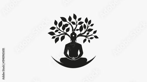 Meditating figure under tree symbol illustrating spirituality and enlightenment