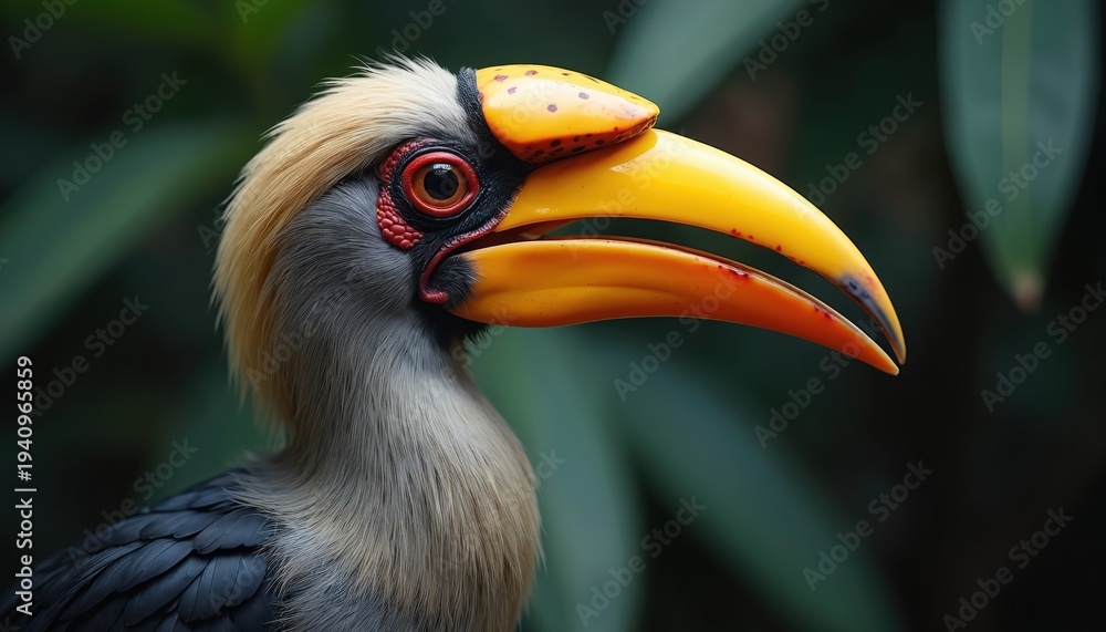 Fototapeta premium Close profile view of a hornbill bird with bright yellow beak and orange accents. Grey feathers on neck contrast with dark wing feathers against green jungle foliage background.