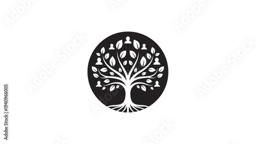 Family tree emblem featuring silhouettes of people and leaves in a circle