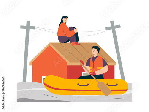 A rescue worker wearing a life jacket uses a yellow rubber boat to navigate the flooded area and rescue residents. Helping people illustrations. Flat vector concepts.