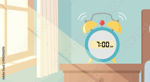 Alarm clock ringing at 700 AM on a nightstand next to a window with morning sunlight casting shadows