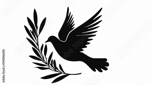 Silhouette of a dove with olive branch symbolic of peace and harmony