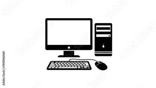 Desktop computer illustration in black and white for technology concepts