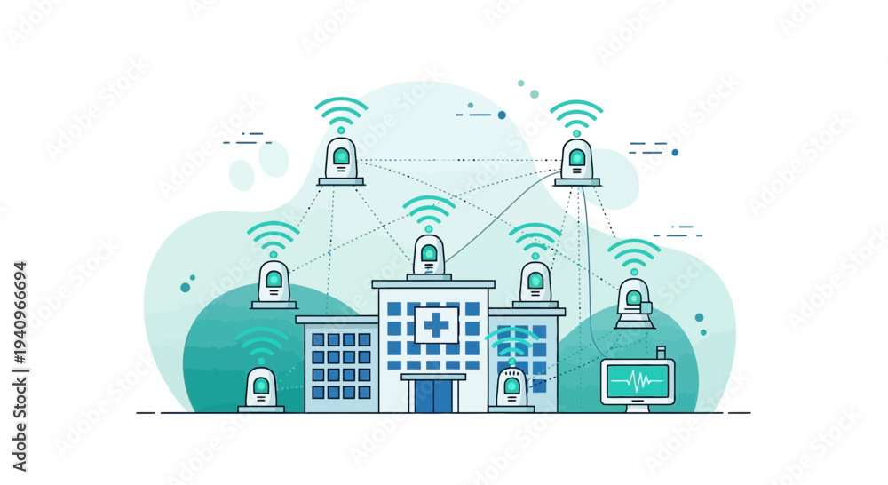 Obraz premium Smart Hospital Network: IoT Devices Connected to Medical Building with Wi-Fi Signals