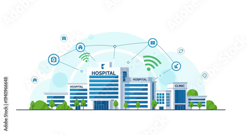 Smart Hospital Building with Network Connections and Technology Icons