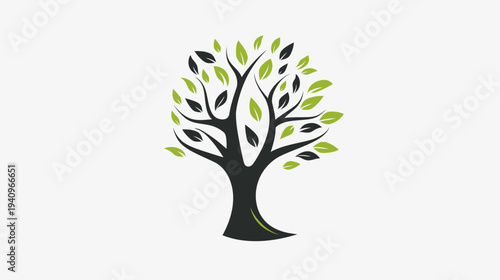 Stylized tree illustration with green and black leaves on white background