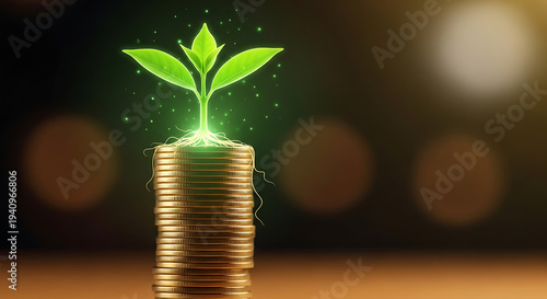 Luminous green sprout emerging from vertical stack of golden currency coins representing lucrative financial growth ecological investment capital and wealth prosperity success concept