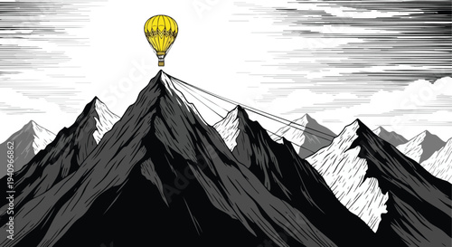 Hot Air Balloon over Mountains. Adventure Landscape Illustration. Engraving Style Graphic. Achievement Concept.