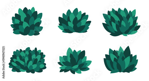 Green Bushes Collection. Stylized Foliage Elements. Flat Design Shrubs. Garden Plant Illustrations.