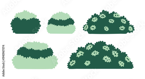 Stylized Bush Vector Set. Flat Design Garden Shrubs. Minimalist Nature Elements. Graphic Resource.