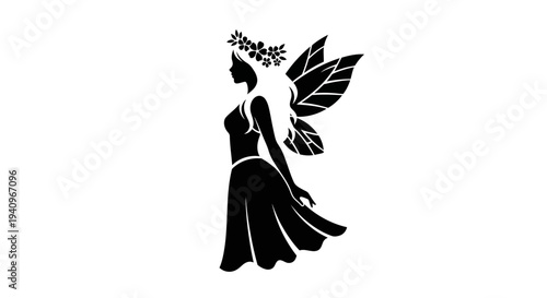 Silhouette of a fairy with wings and floral wreath on a white background