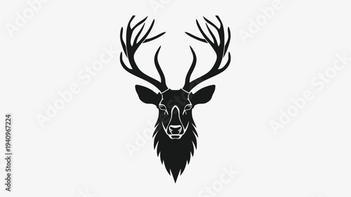 Black silhouette of deer head with large antlers on white background