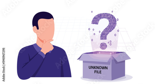 Man contemplating unknown file, digital mystery box, binary code question mark