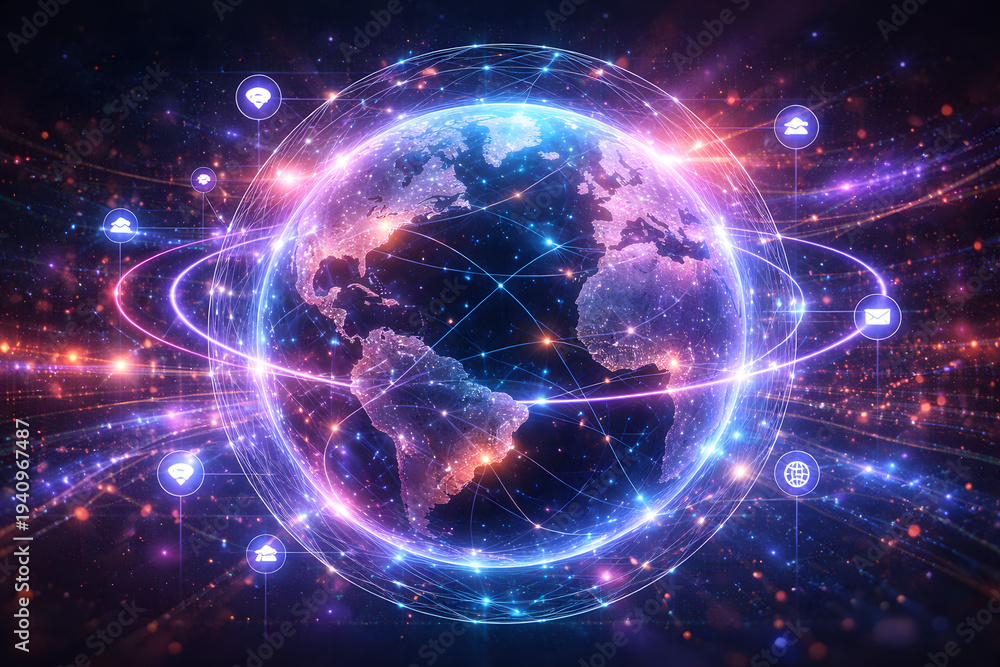 Obraz premium Global Digital Connectivity Concept with Earth Network and Communication Icons