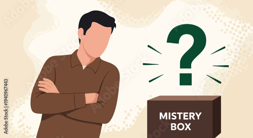 Man contemplating mystery box. Question mark symbol. Decision making.