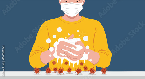 Person washing hands with soap. Virus prevention illustration. Hygiene concept graphic. Health safety campaign.