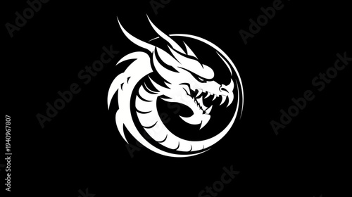 White dragon icon on black background powerful symbol design
