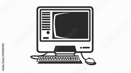 Vintage computer system illustration black and white vector on white background