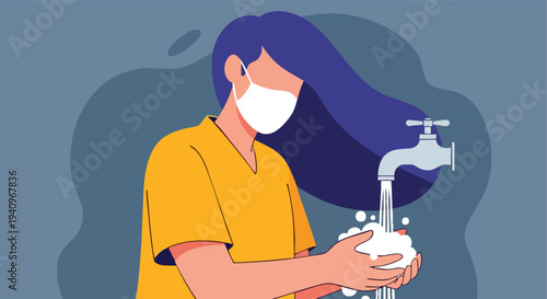 Woman washing hands with face mask. Flat design illustration. Hygiene and health awareness.
