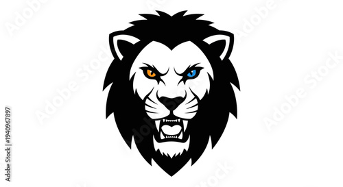 Bold lion head logo design with intense gaze and open mouth on white
