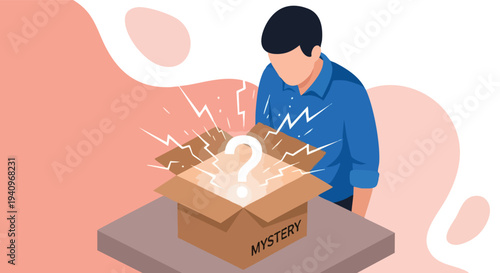 Man. Mystery Box. Isometric Illustration. Digital Art. Problem Solving Concept.