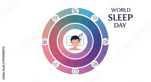 Illustration of a World Sleep Day design featuring a sleeping person in a circular rainbow-colored pattern with clock icons, promoting healthy sleep concept and awareness campaign.
