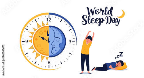 Illustration of a person yawning and another person stretching next to a clock for World Sleep Day, promoting healthy sleep concept and awareness campaign with a calm mood.