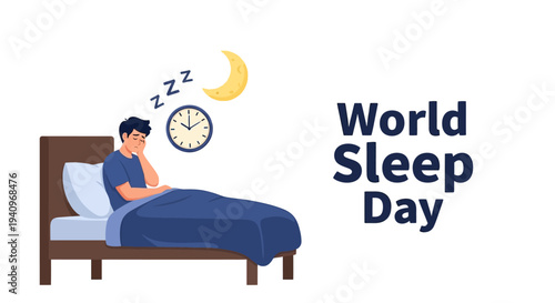 Illustration of a man sleeping peacefully in bed on World Sleep Day with a clock and moon nearby, promoting healthy sleep habits and awareness.