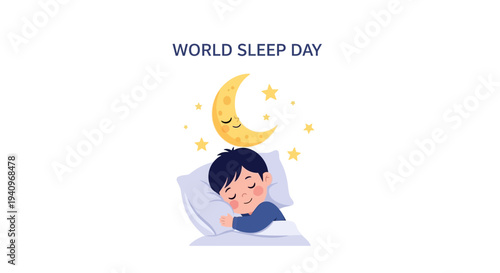 Illustration of a sleeping child under a smiling moon with stars for World Sleep Day promoting healthy sleep concept and awareness.