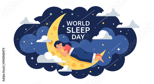 Vector illustration of a person sleeping on a crescent moon surrounded by clouds and stars, promoting World Sleep Day 2026 with a design concept for sleep health awareness and healthy