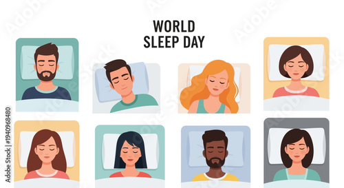 Illustration of diverse people sleeping peacefully in beds for World Sleep Day, promoting healthy sleep concept and awareness campaign with a calming mood.