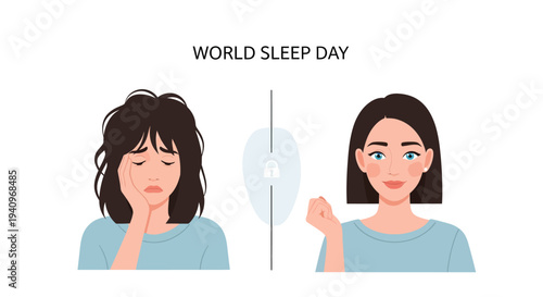 Illustration of a woman with insomnia concept on left and good night sleep on right, World Sleep Day design for sleep health awareness and healthy sleeping habits promotion in a simple