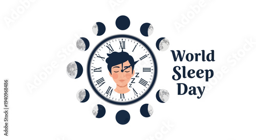 Illustration of a tired man surrounded by clock and moon phases on World Sleep Day, promoting healthy sleep awareness and habits.