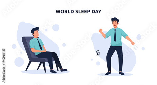 Vector illustration of a man sleeping in a chair and another yawning, symbolizing World Sleep Day and healthy sleep concept with a focus on sleep health awareness and disorder prevention.