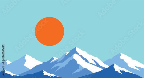 Minimalist Mountain Landscape. Flat Design Illustration. Sun and Snow. Nature Background.