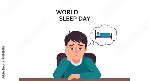 Illustration of a tired man sitting at a desk with a thought bubble showing a bed, symbolizing sleep health awareness on World Sleep Day.