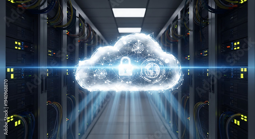 Futuristic data center server aisle facing glowing cloud symbol representing digital sovereignty and cloud governance with strict control over information location and infrastructure security