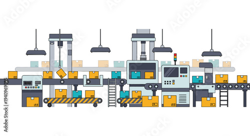 A detailed flat illustration showcases an automated factory production line with various machines and conveyor belts actively transporting numerous cardboard boxes against a white background.