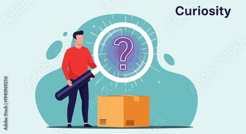 Curiosity. Man with Magnifying Glass. Question Mark. Unboxing. Discovery.