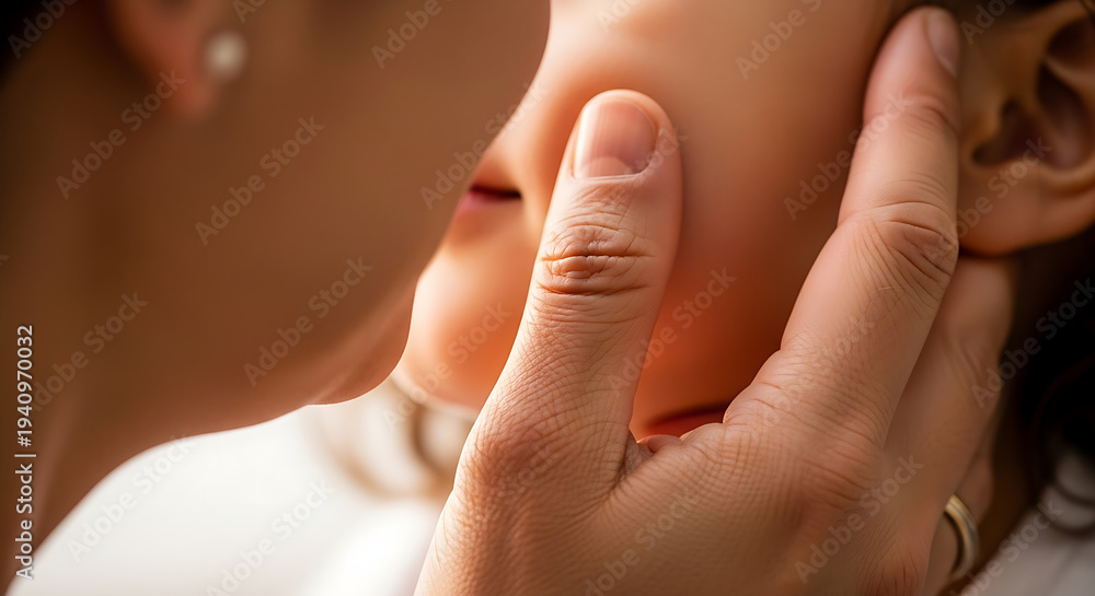 Naklejka premium Woman receiving relaxing facial massage with hands close-up in spa wellness treatment