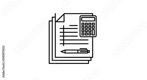 Accounting and Finance Icon: Calculator, Pen, and Documents on White Background