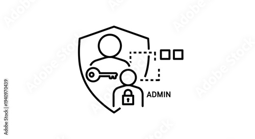 Admin user account security and access control with key and shield icon