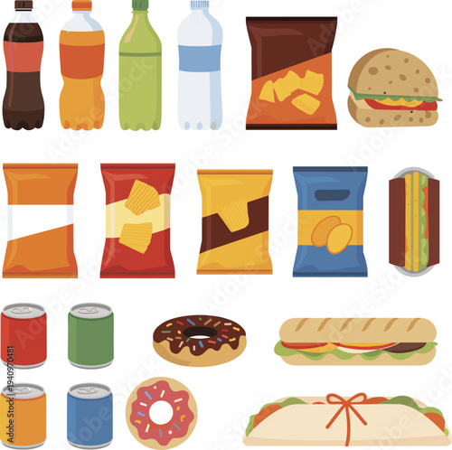 Fast food snacks and soft drink vector illustration set with chips packets, soda bottles, burger, hotdog, donut and sandwich