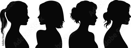 Collection of female head silhouette profiles with different hairstyles, elegant women side view avatars, beauty fashion vector set isolated on light background