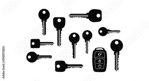 Collection of various keys and a car remote depicted in black silhouettes