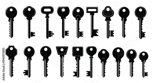 Collection of various black silhouette keys arranged in horizontal rows